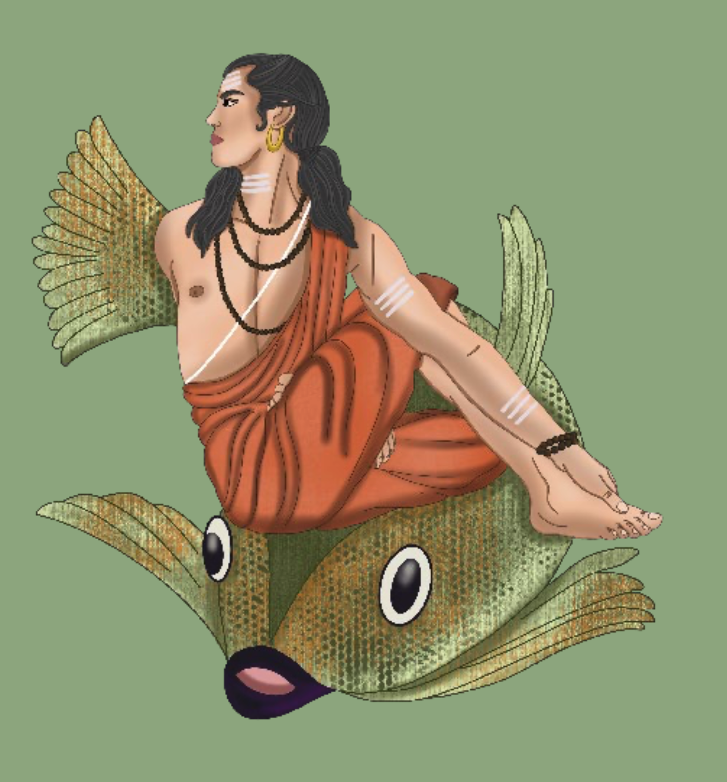 Image of Sage Matsyendra seated on a fish in a twist pose.