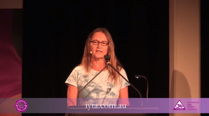 Mugs presents her book Letters from the Yoga Masters at the IYTA Conference in Australia in 2017.