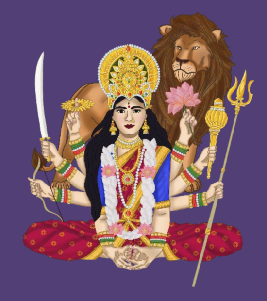 Image of the Goddess Durga, seated in Bhadrasana, Throne Pose